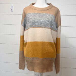 Hem & Thread Tan, Gray, Cream & Gold Striped Relaxed Fit Sweater Size M